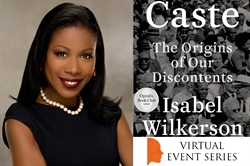 [ai] A portrait of Isabel Wilkerson, wearing a black dress and pearl necklace, alongside a promotional graphic for her book "Caste: The Origins of Our Discontents" and a note indicating it is part of Oprahs Book Club and a virtual event series.